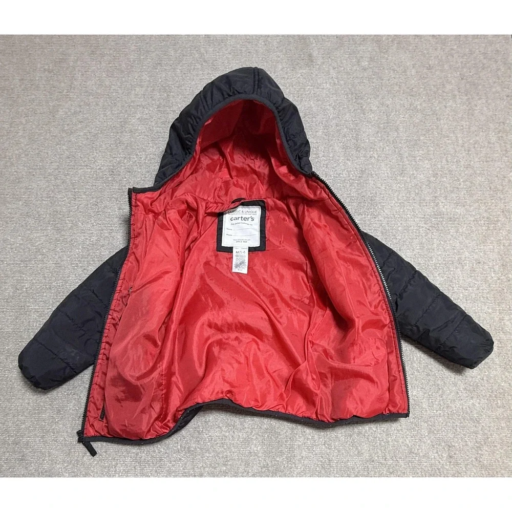 Carter's Puffer Jacket Kids 5-6 Black‎ Hooded Insulated Red Lining Winter Zip